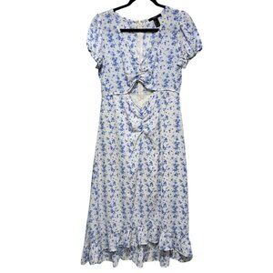 Forever 21 White & Blue Floral Front Cutout Puff Sleeves Midi Dress Size Large